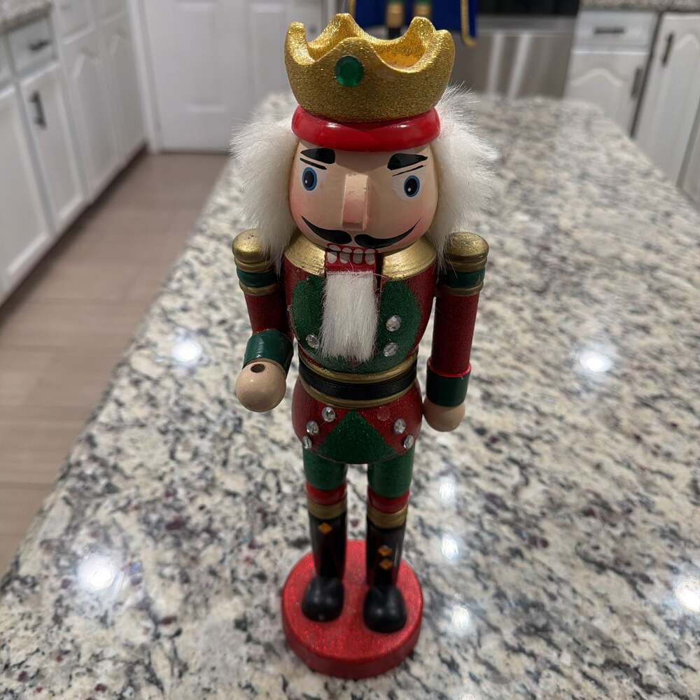 Vintage Nutcracker Wooden‎ Figure Red/Green Coat and Crown 13’’. Read details